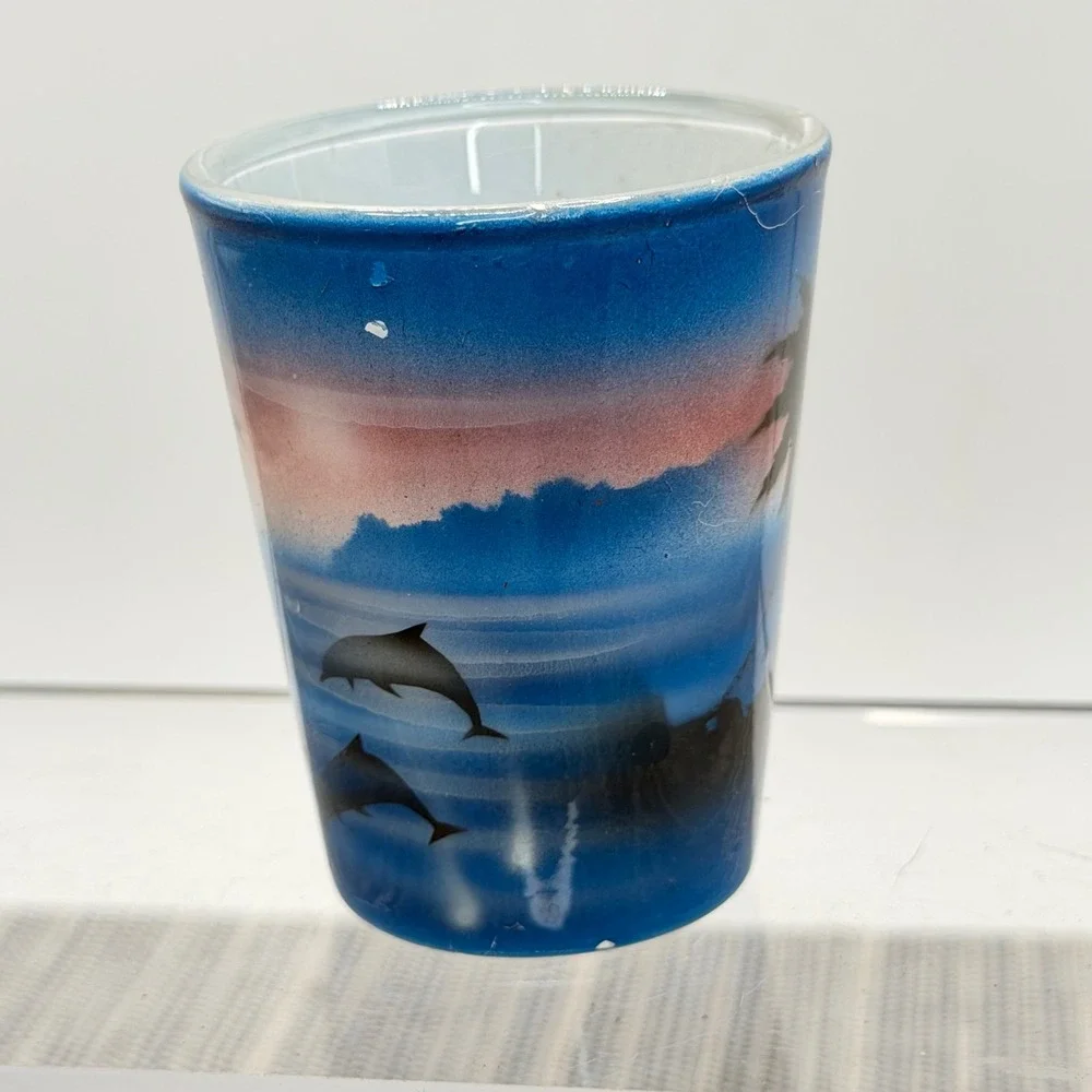 St. Thomas USVI Souvenir Shot Glass Dolphin Sunset Tropical‎ Frosted Barware